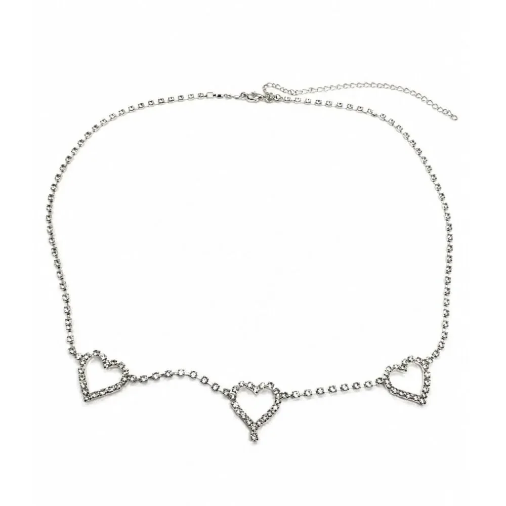 Y2K RHINESTONE BELT Silver Tone Heart Chain Waist Belt Body Chain